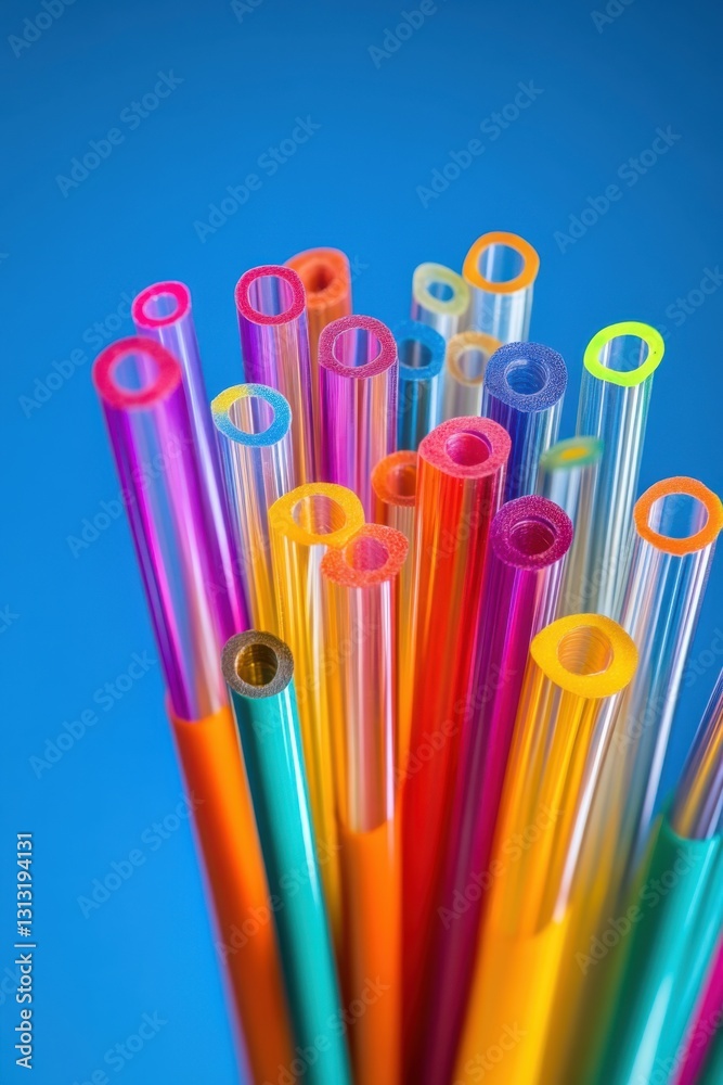 Vibrant Rainbow of Colorful Tubes Against a Blue Background Vibrant Rainbow of Colorful Tubes Against a Blue Background