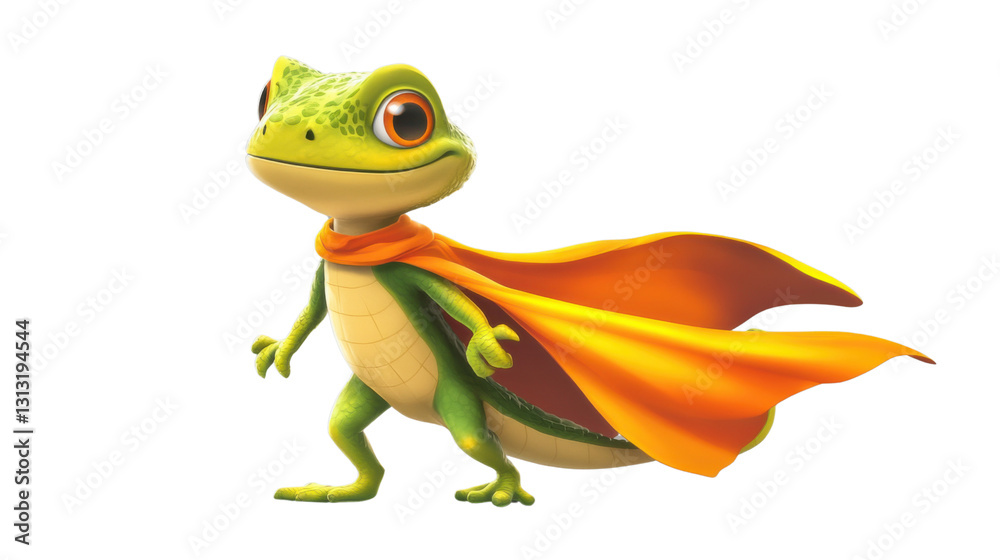 Obraz premium Green gecko superhero walking and wearing orange cape on transparent background