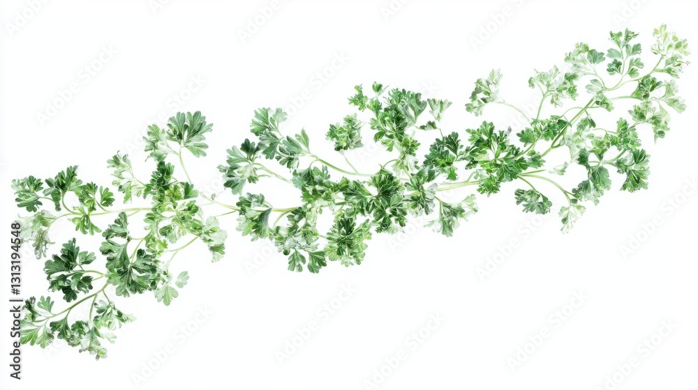 Fresh Green Parsley Leaves with Delicate Texture on White Background Fresh Green Parsley Leaves with Delicate Texture on White Background