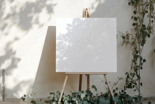 White blank rectangle wedding sign mockup on an easel, boho theme with eucalyptus garland at the bottom, neutral tones, simple minimalist 