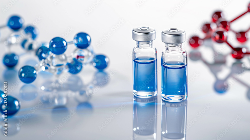 Scientific medical vials with molecular structures representing biotechnology and pharmaceutical innovation Scientific medical vials with molecular structures representing biotechnology and pharmaceutical innovation
