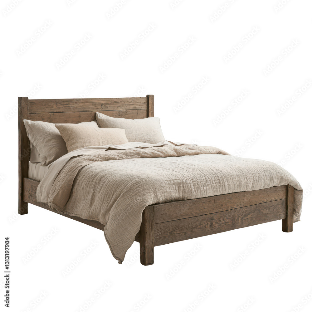 rustic wooden bed with cozy, beige bedding set and multiple pillows, creating warm and inviting atmosphere. bed frame features natural wood finish, enhancing its rustic charm rustic wooden bed with cozy, beige bedding set and multiple pillows, creating warm and inviting atmosphere. bed frame features natural wood finish, enhancing its rustic charm