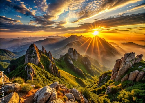 Breathtaking Sunrise Over Dramatic Mountain Landscape -  Stunning Dawn Scenery