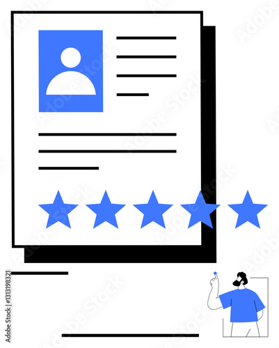 Profile document with blue stars reflecting evaluation and feedback. Person pointing underscores assessment. Ideal for HR, review, feedback, recruitment, performance, career user insights. Flat