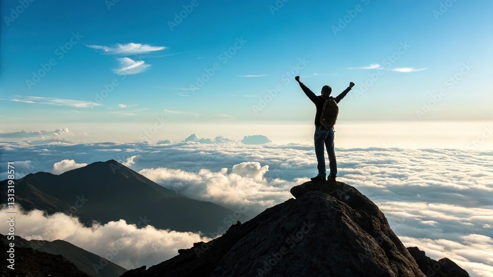 Illustrate a person standing on a mountain peak, arms raised in victory, symbolizing success, determination, and achievement Illustrate a person standing on a mountain peak, arms raised in victory, symbolizing success, determination, and achievement