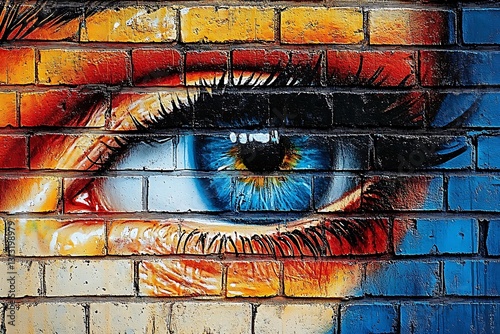 Vibrant Blue Eye Mural on Brick Wall