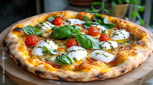Delicious Burrata & Pesto Pizza - - Food photography with natural l.