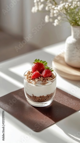 a glass of yogurt with strawberry topping