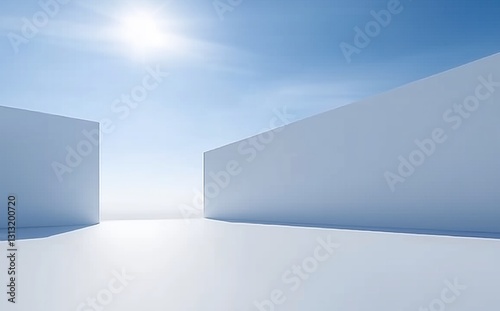 Minimalist Architectural Space with Bright Sunlight and Clear Blue Sky Evoking Tranquility
