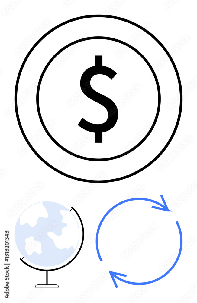 Coin with dollar sign, globe, and circular arrows representing economy, global trade, sustainability, currency exchange, international markets, eco-friendly practices, flat simple metaphor Coin with dollar sign, globe, and circular arrows representing economy, global trade, sustainability, currency exchange, international markets, eco-friendly practices, flat simple metaphor