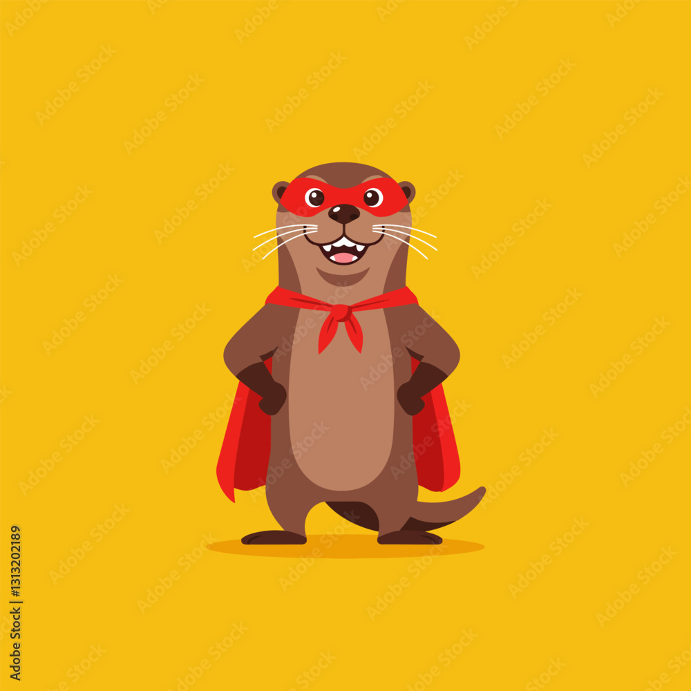 Fototapeta premium Cartoon Otter Standing Wearing Cape and Mask in Heroic Pose