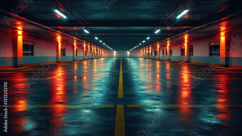 Empty underground parking garage at night, wet floor, vibrant lighting, interior view, potential stock photo photo
