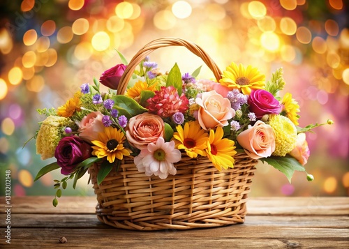 Classic Herringbone Flower Basket with Detailed Floral Print & Bokeh Background - Stock Photo