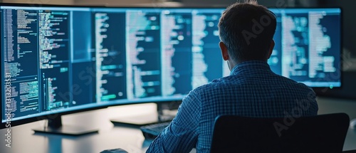 Police Investigation Trial Concepts. Professional working on multiple screens displaying code.