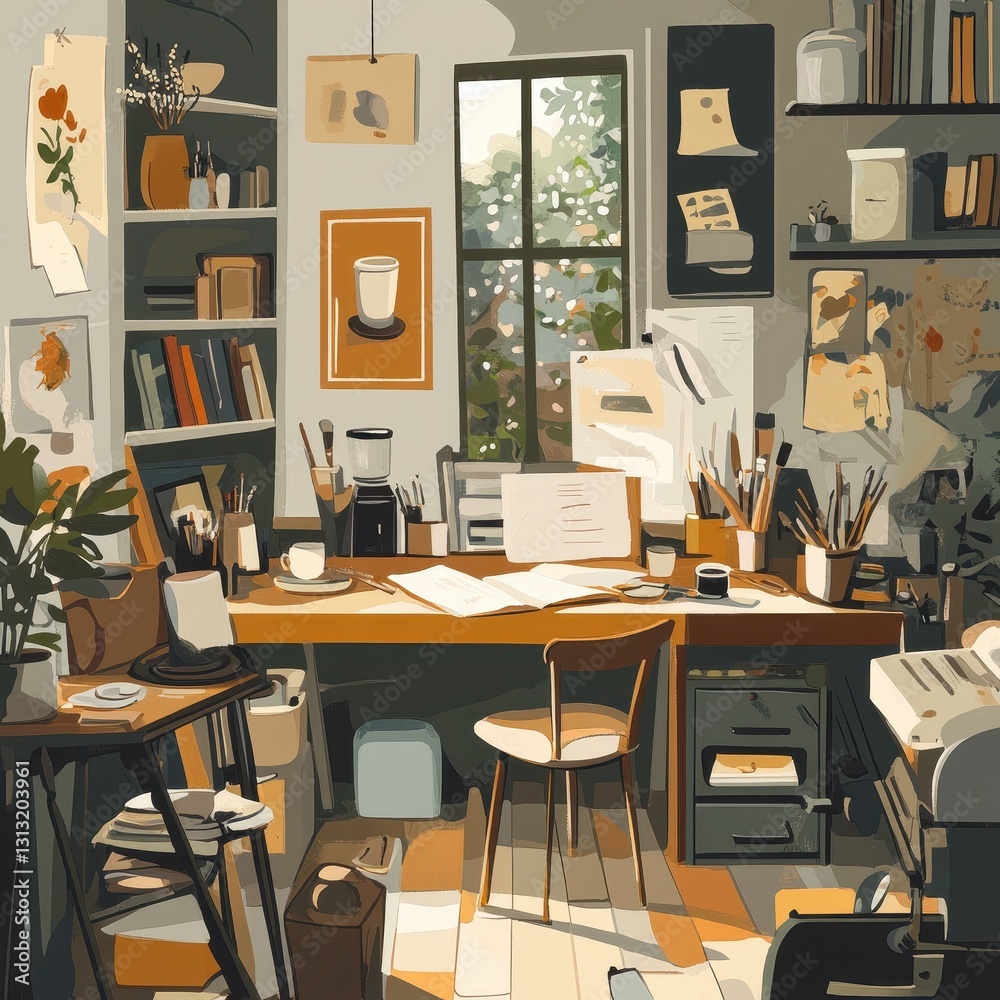 A cozy artistic studio workspace with natural light shining A cozy artistic studio workspace with natural light shining