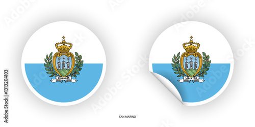 San Marino sticker flag in circle shape and circle peeled shape on white background. San Marino flag icon in circular form	
