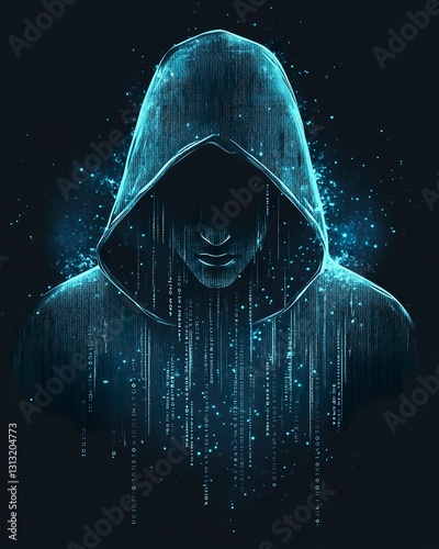Mysterious hooded figure, digital rain cascading, dark background, enigmatic expression.