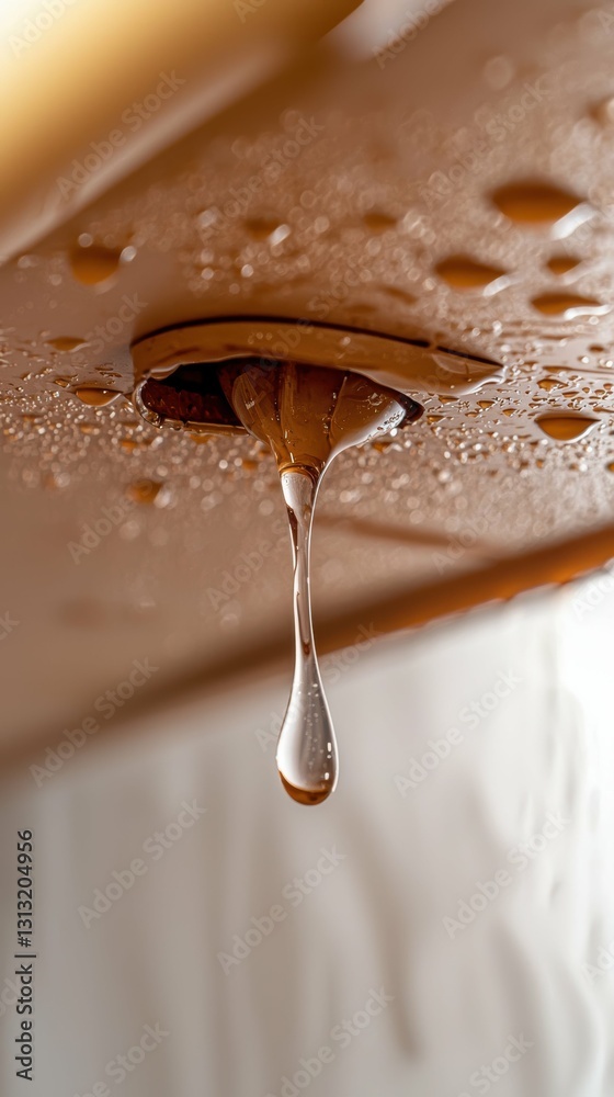 Fototapeta premium Condensation Droplet Forming Underneath Wooden Furniture Surface Moist Environment Moisture Buildup