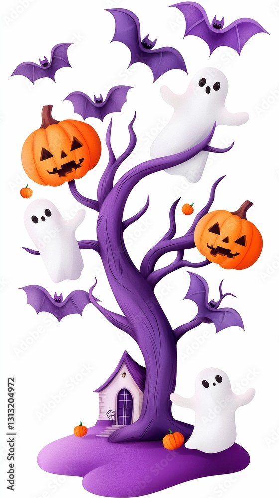 Naklejka premium Spooky Halloween Tree with Ghosts Pumpkins and Bats Adorned Haunting Illustration