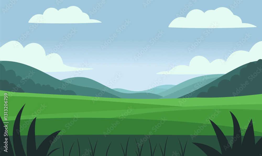 Obraz premium Peaceful Green Meadow Field Hills Nature Landscape with Grass in Summer
