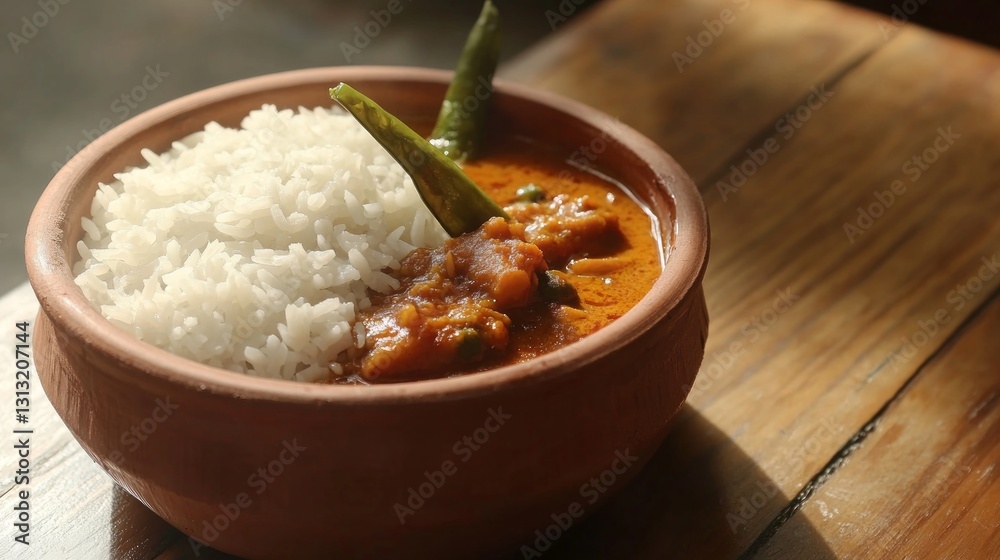 Delicious Bowl of Rice with Flavorful Curry and Green Peppers Delicious Bowl of Rice with Flavorful Curry and Green Peppers