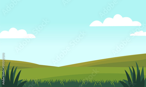 Peaceful Green Meadow Field Hills Nature Landscape with Grass in Summer