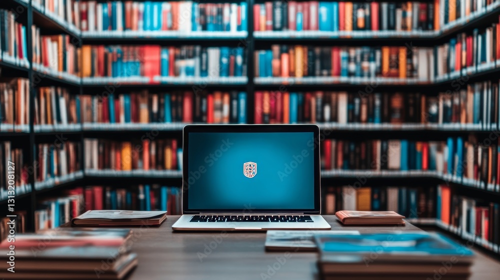 Laptop displaying graphic on table in front of bookshelves in a library Laptop displaying graphic on table in front of bookshelves in a library