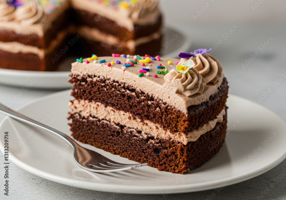 Closeup of chocolate layer cake slice with creamy frosting and sprinkles on a plate. Closeup of chocolate layer cake slice with creamy frosting and sprinkles on a plate.