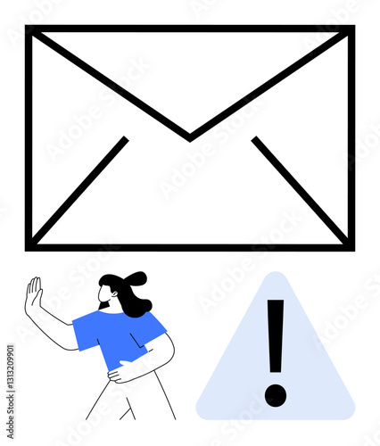 Large email icon indicates messaging focus, person raising hand signals caution, and triangular alert suggests warning. Ideal for online safety, spam alert, notification, tech issues, compliance