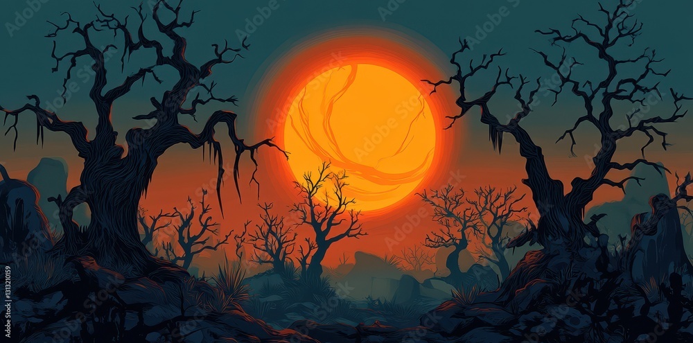 A fiery sun shines over the desolate landscape and barren trees A fiery sun shines over the desolate landscape and barren trees