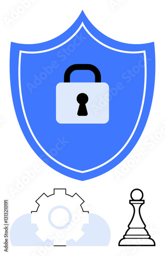 Padlock on shield represents security, gear conveys process and system, chess pawn indicates planning. Ideal for cybersecurity, protection, strategy, planning, systems solutions safeguards. Flat