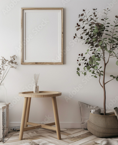 poster frame mockup in a minimalist modern living room interior with wooden furniture