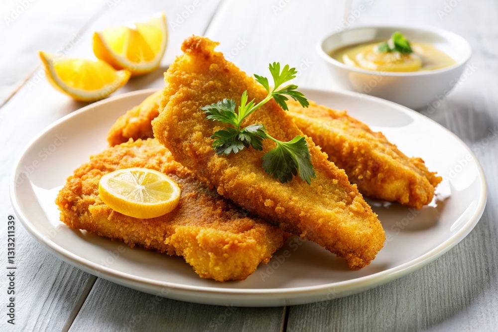 Crispy Golden Fried Fish Fillets with Lemon & Sauce - Delicious Seafood Dish Crispy Golden Fried Fish Fillets with Lemon & Sauce - Delicious Seafood Dish