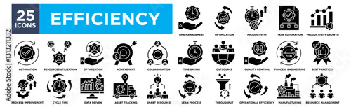 Efficiency icon collection set. Containing design optimization,productivity,resources utilization,outsource,best practices
