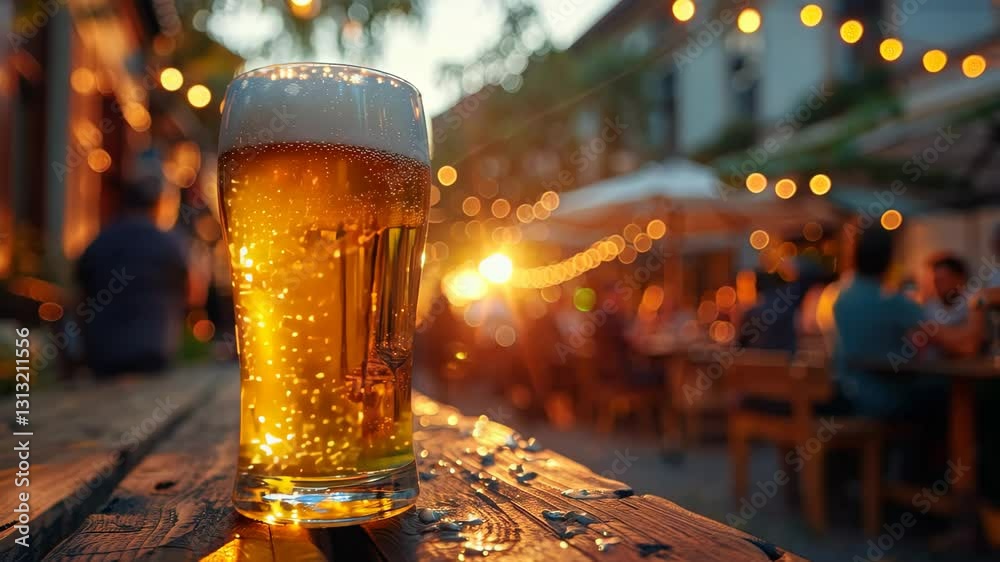 large glass of beer is placed on the table at an outdoor bar 