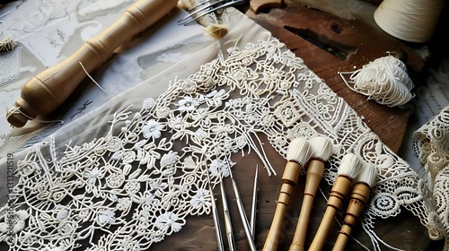 Delicate lace crafting tools and intricate handmade lace on wooden craft table photo