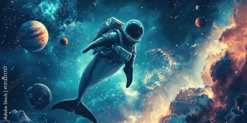 Fototapeta premium An astronaut dolphin floats in the vast expanse of outer space