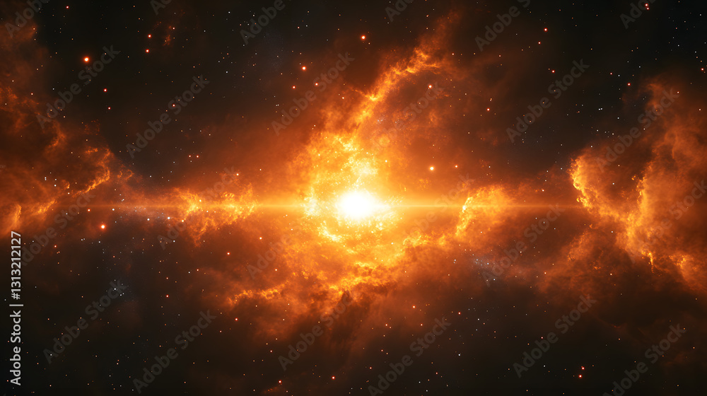 Fiery cosmic explosion in space. Bright orange nebula with stars. Glowing energy burst, intense light and vibrant colors. Stellar explosion, galactic phenomenon. Fiery cosmic explosion in space. Bright orange nebula with stars. Glowing energy burst, intense light and vibrant colors. Stellar explosion, galactic phenomenon.
