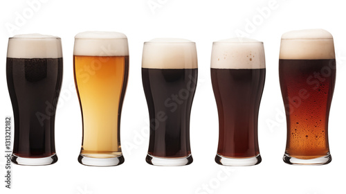 Five Glasses of Assorted Beer Variety Pack isolated on transparent background