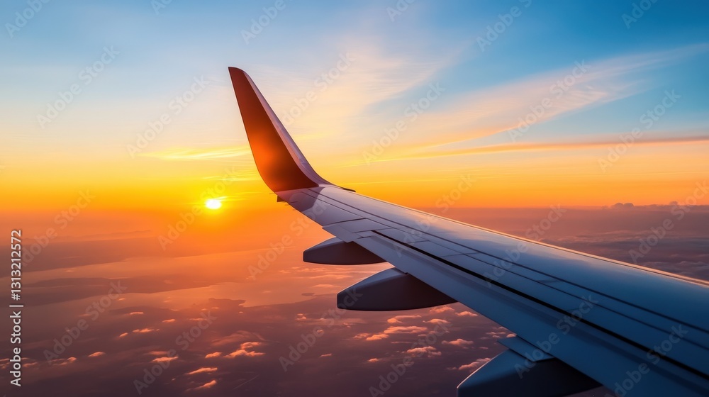 Sunset flight over clouds airplane wing scenic view sky travel experience Sunset flight over clouds airplane wing scenic view sky travel experience