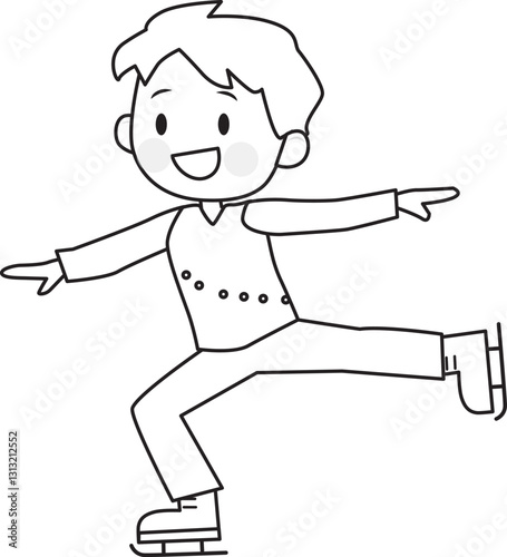 Line drawing of a boy figure skating. Ice skating.  Cute, fun. Vector illustration.