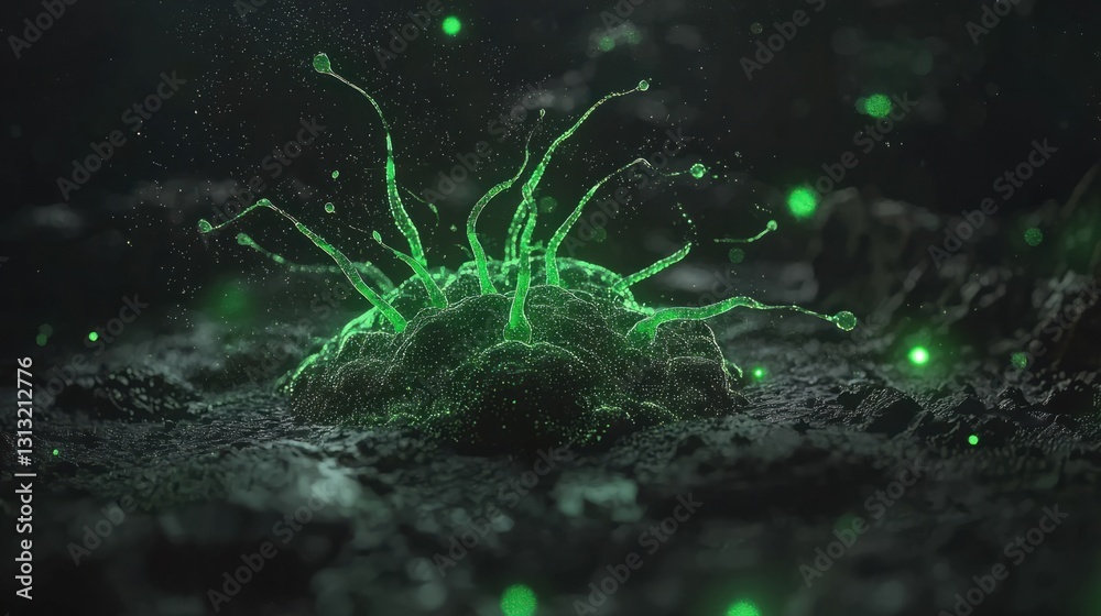 Green Microorganism in Dark Environment with Glowing Particles Green Microorganism in Dark Environment with Glowing Particles
