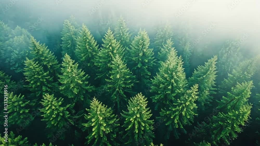 Evergreen Canopy: An aerial shot of a dense forest of vibrant evergreen trees blanketed in a soft, ethereal mist, creating a serene and enchanting natural landscape Evergreen Canopy: An aerial shot of a dense forest of vibrant evergreen trees blanketed in a soft, ethereal mist, creating a serene and enchanting natural landscape