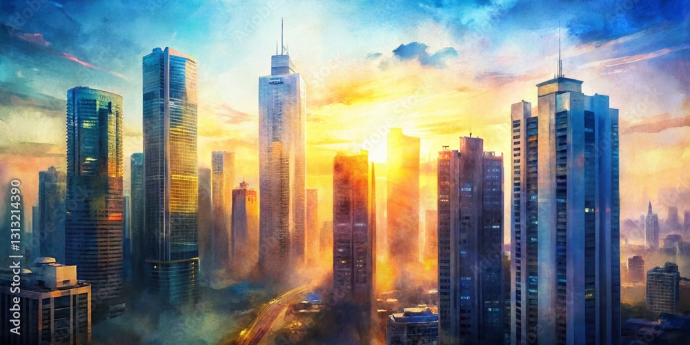 Obraz premium Dawn Watercolor Skyscrapers: Modern Cityscape Brushstrokes