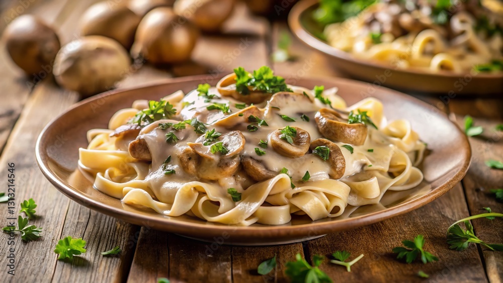 Deconstructed Mushroom Stroganoff: Creamy Mushroom & Onion Sauce over Eggless Noodles - Tilt-Shift Photography Deconstructed Mushroom Stroganoff: Creamy Mushroom & Onion Sauce over Eggless Noodles - Tilt-Shift Photography