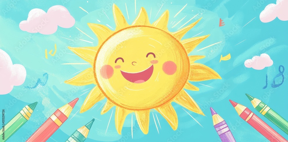 Fototapeta premium A Smiling Sun Surrounded by Clouds Crayons and Blue Sky