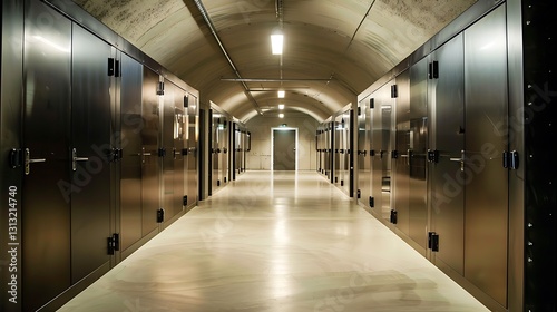 Modern Storage Facility with Metallic Doors and Polished Floor in Clean Corridor