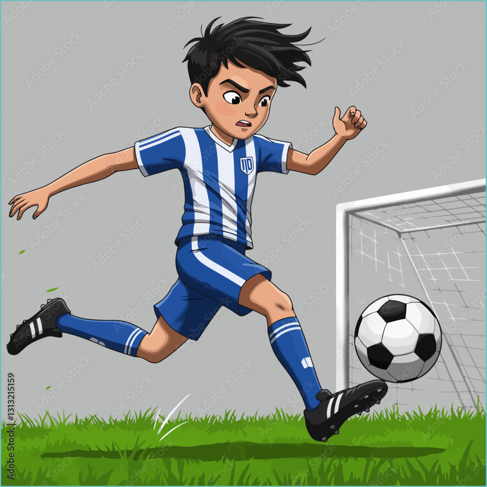 Fototapeta premium Boy Kicking Soccer Ball Toward Goal in Cartoon Illustration Style