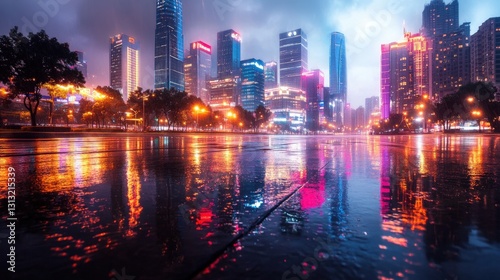 Vibrant urban rainy night city center photography reflective surfaces low angle mood and atmosphere