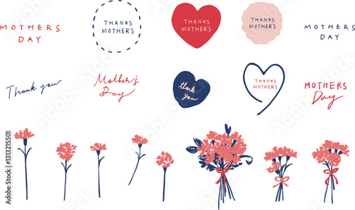 母の日のカーネーションイラスト。カーネーションのと草木の母の日フレーム。手書きのベクターイラスト。Mother's Day Carnation Illustration. Mother's day frame of carnations and plants and trees. Hand drawn vector illustration.